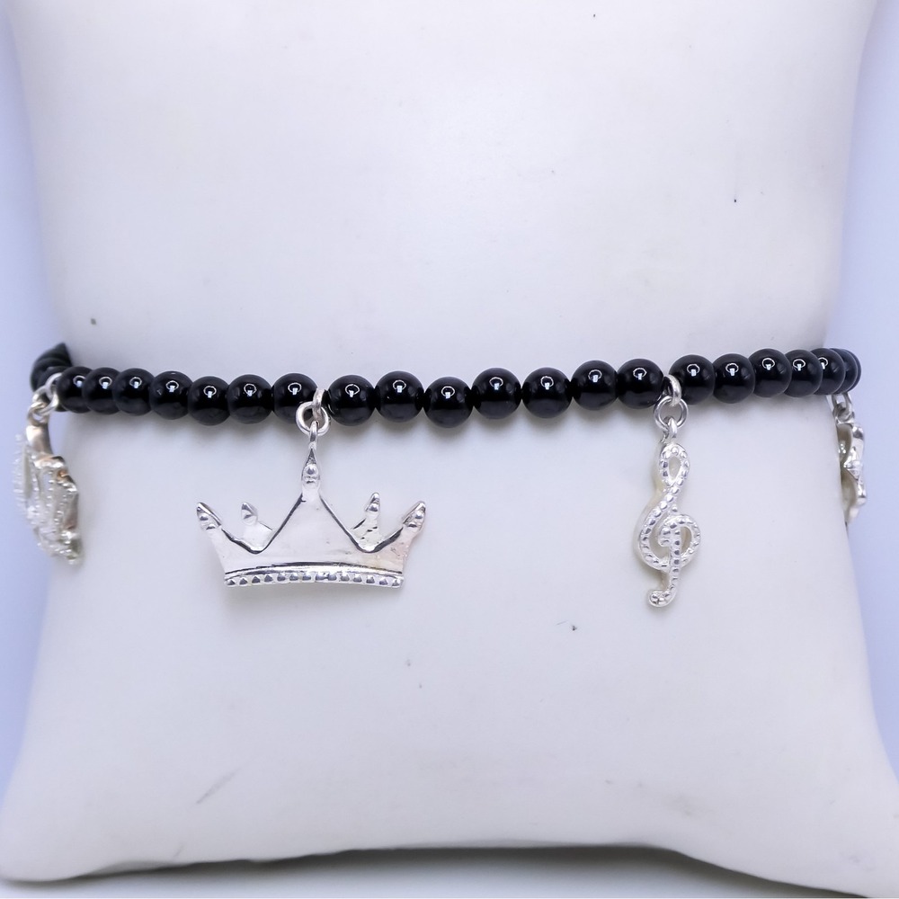 Sterling Silver 925 D'Joy Black Spinel Beaded Charm 7" Women's Bracelet